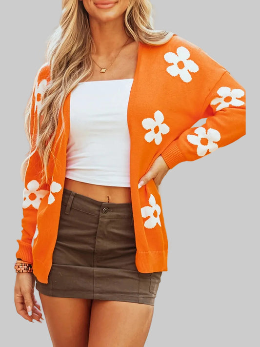 Women Flower Open Front Long Sleeve Cardigan Sweater nicholesgifts