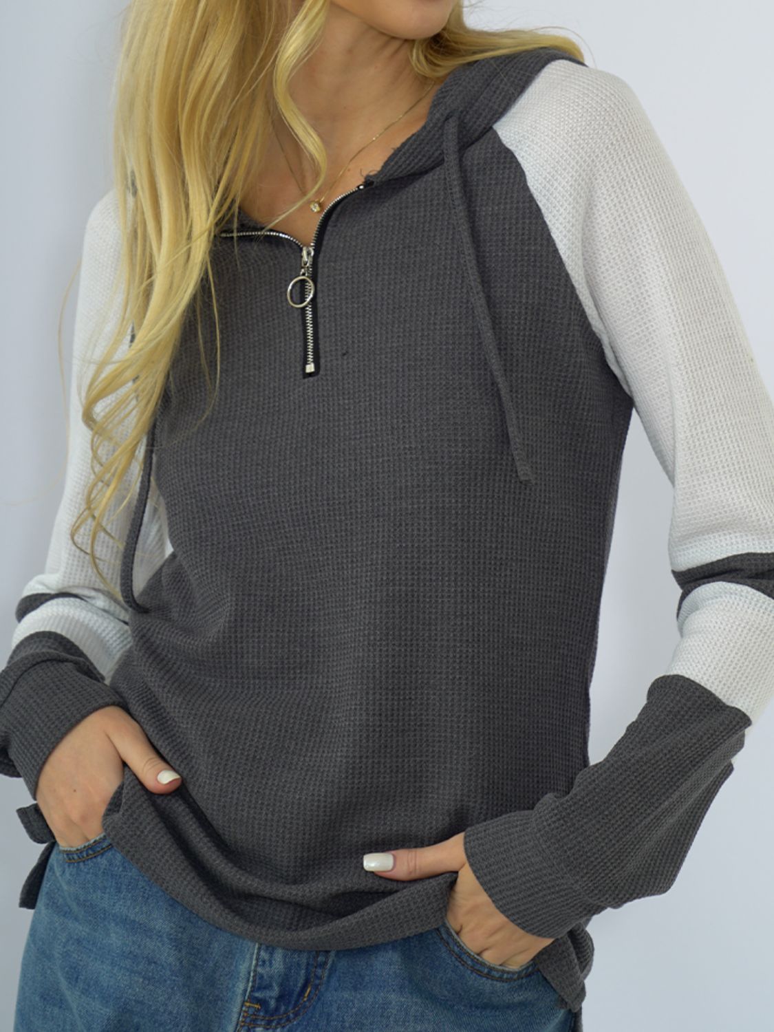 NicholesGifts Women Shiny Waffle-Knit Raglan Sleeve Zipper Front Hoodie NicholesGifts