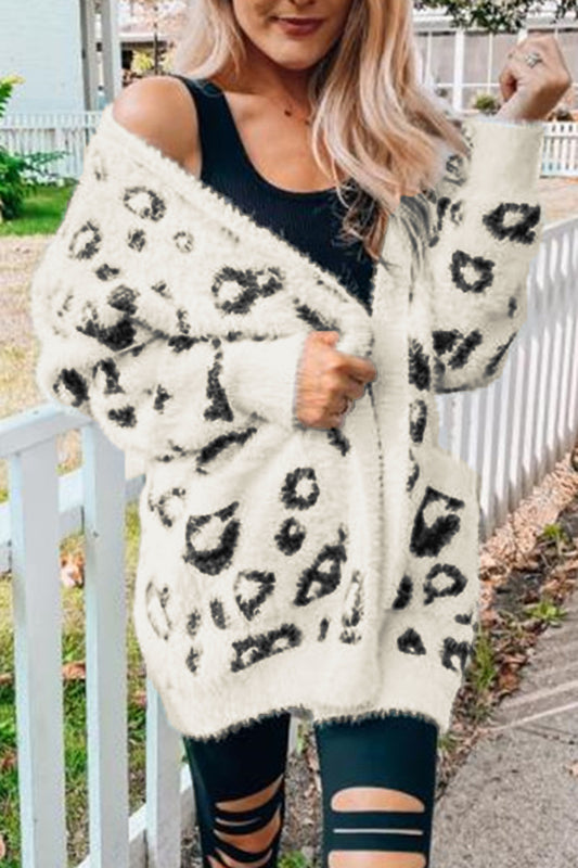 Women Leopard Open Front Cardigan with Pockets
