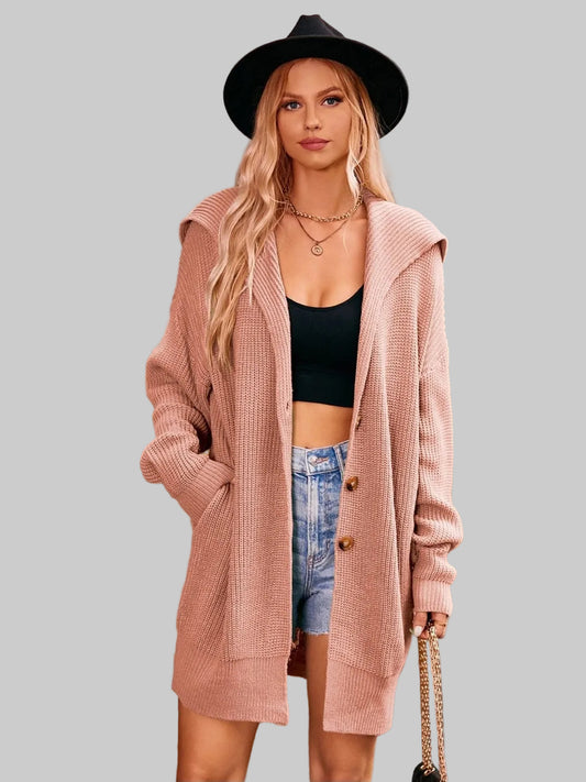 Women Collared Neck Button-Up Cardigan Sweater with Pockets nicholesgifts