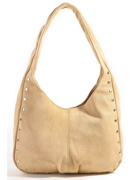 Fame Faux Suede Studded Trim Hobo Bag nicholesgifts