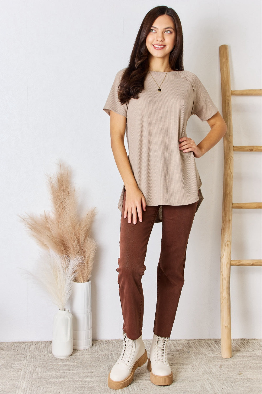 Women Zenana Baby Waffle Short Sleeve Slit High-Low T-Shirt NicholesGifts