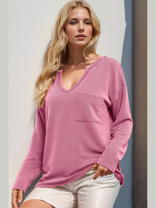 Double Take Striped Notched Long Sleeve T-Shirt NicholesGifts