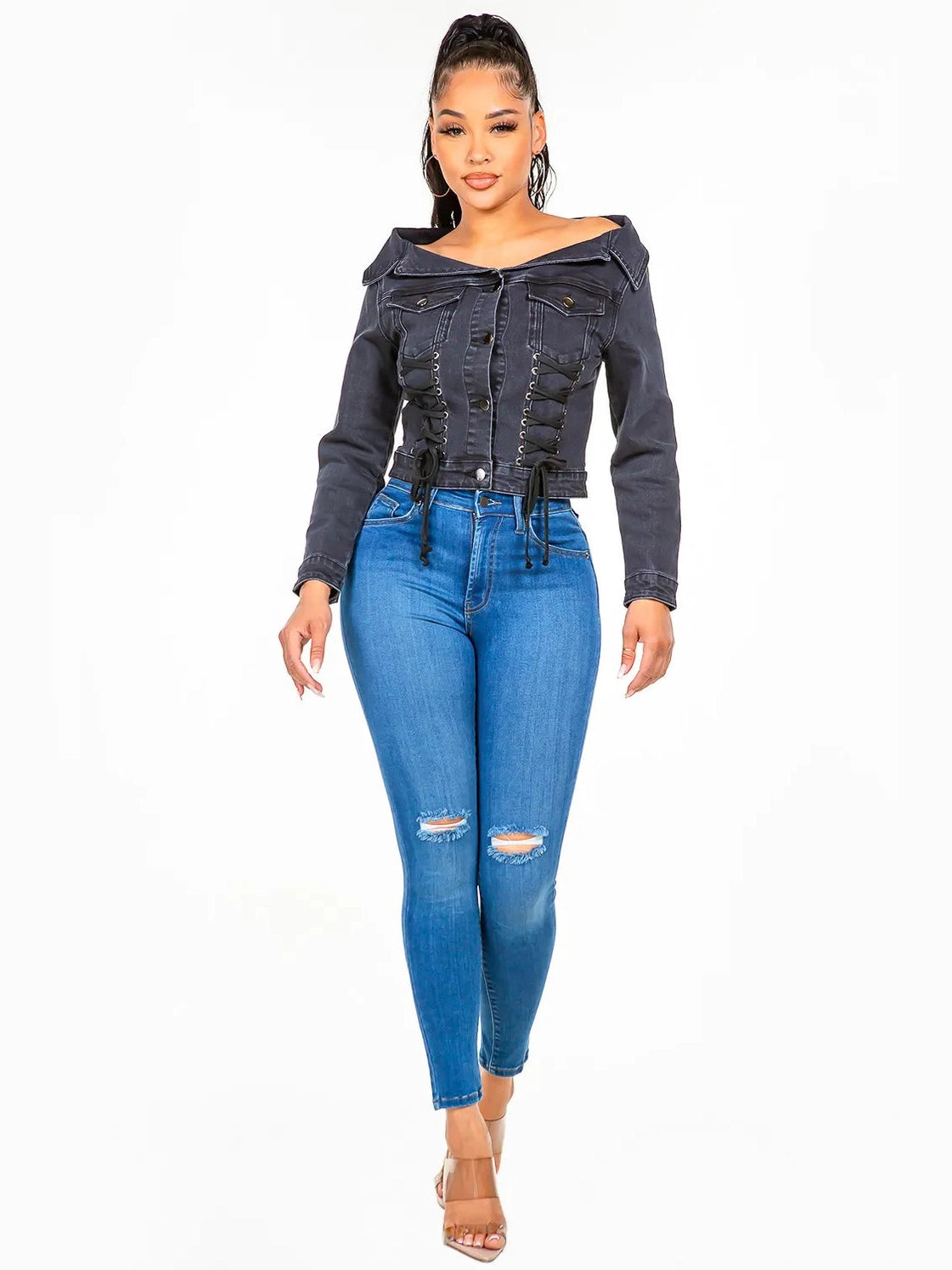 American Bazi Off Shoulder Lace Up Denim Jacket