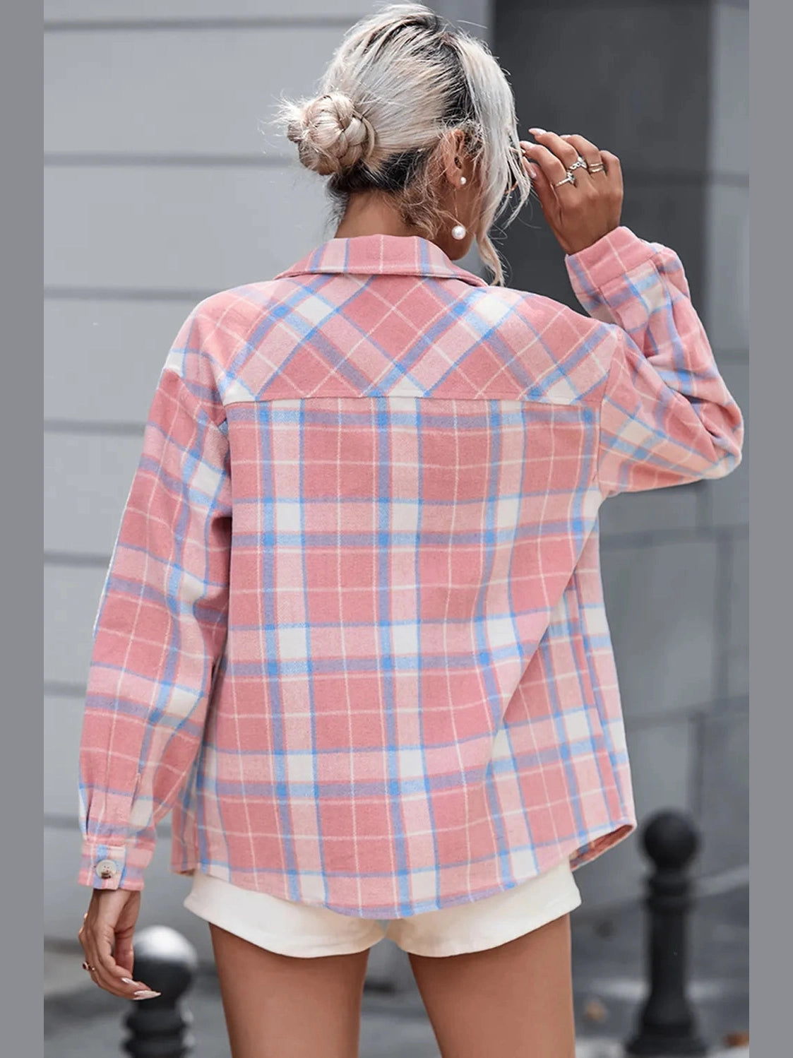Plaid Pocketed Collared Neck Button Up Jacket nicholesgifts