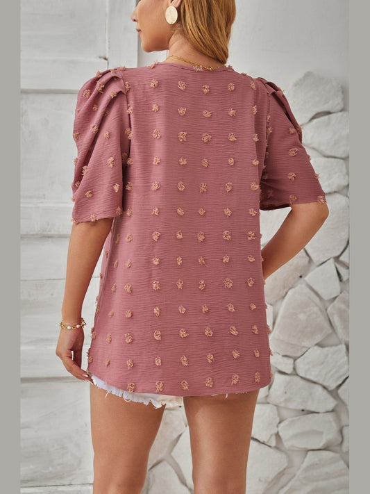 Swiss Dot Round Neck Short Sleeve Blouse nicholesgifts