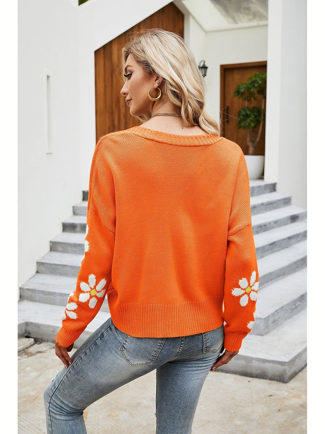 Women Flower Pattern Button Front Cardigan Sweater