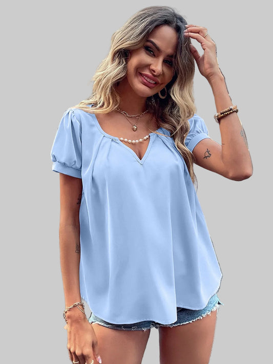 Pearl Detail Notched Short Sleeve Blouse nicholesgifts