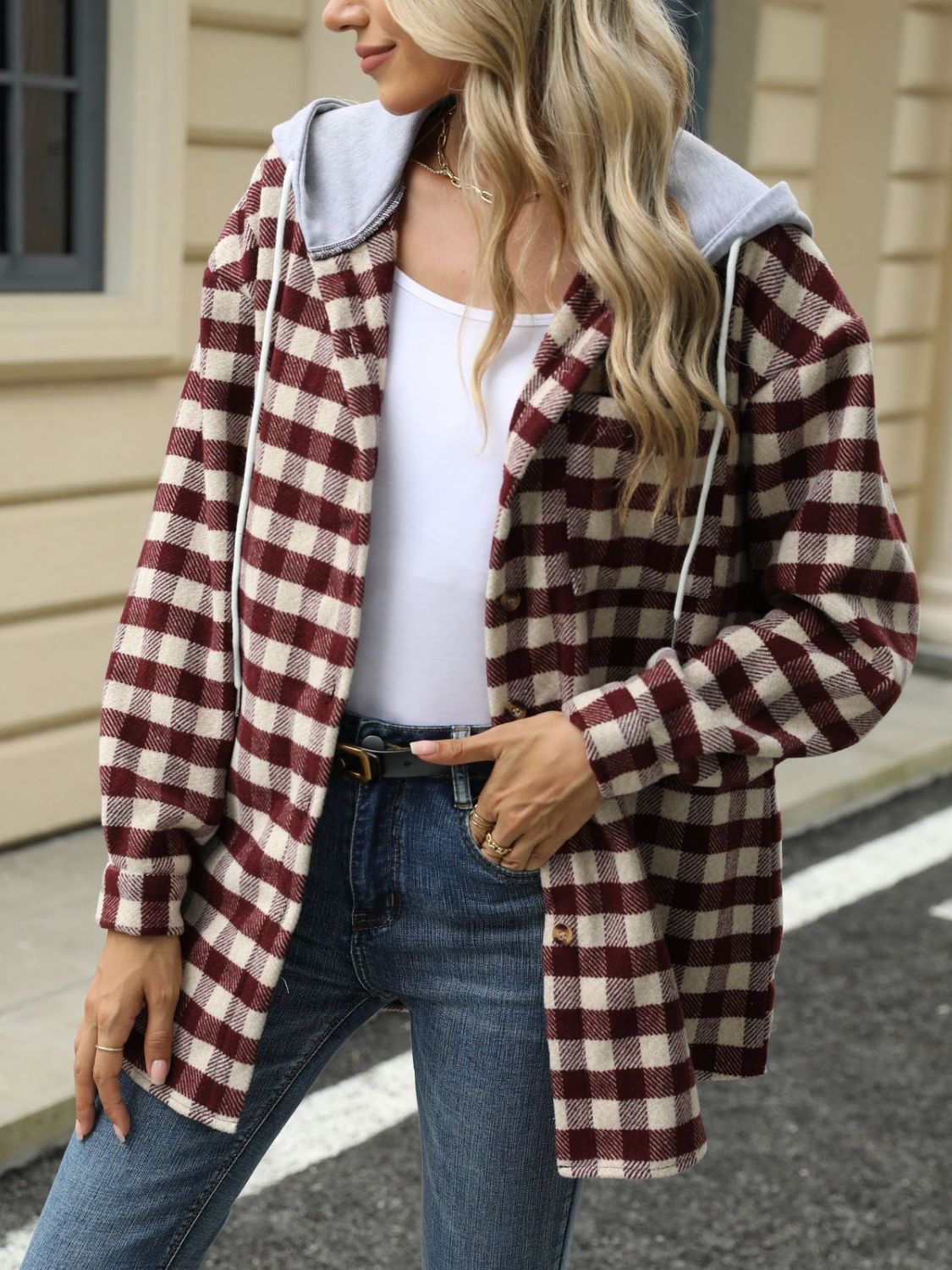 NicholesGifts Women Drawstring Plaid Long Sleeve Hooded Jacket NicholesGifts