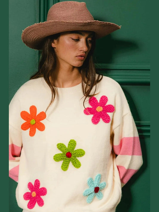 BiBi Colorful Floral Patched Sweater with Striped Sleeve NicholesGifts