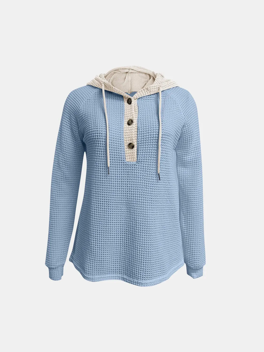 Full Size Waffle-Knit Contrast Long Sleeve Hoodie Trendsi