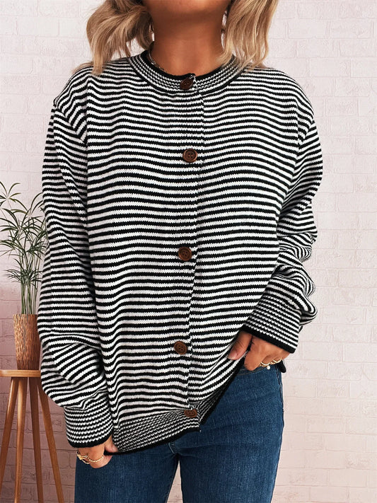 Striped Button Up Long Sleeve Cardigan NicholesGifts