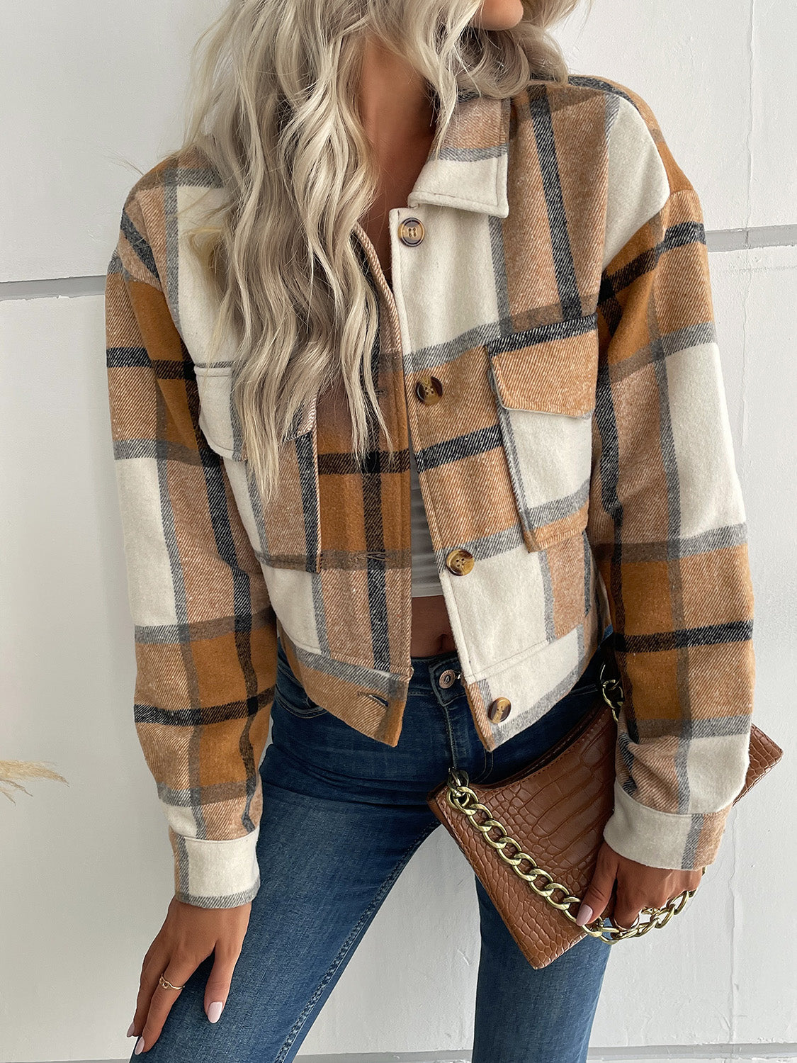 Perfee Plaid Button Up Drop Shoulder Cropped Jacket NicholesGifts