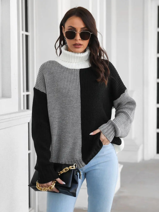 Contrast Turtleneck Long Sleeve Pullover Sweater nicholesgifts