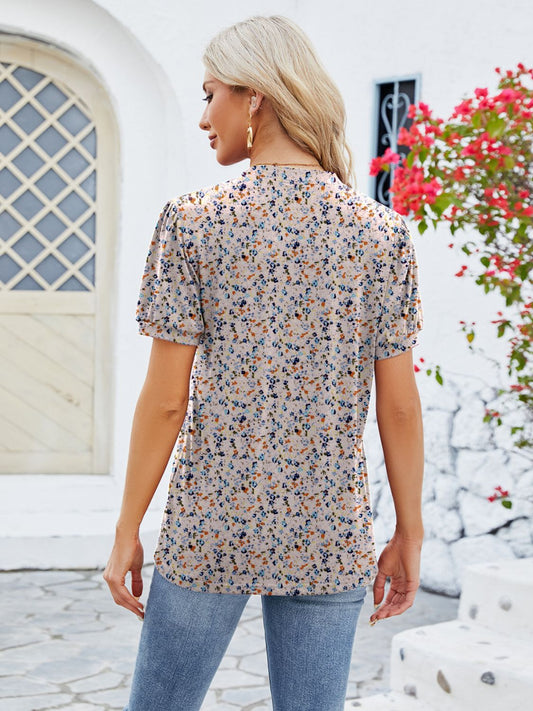 Women Ruched Printed Notched Short Sleeve Blouse nicholesgifts