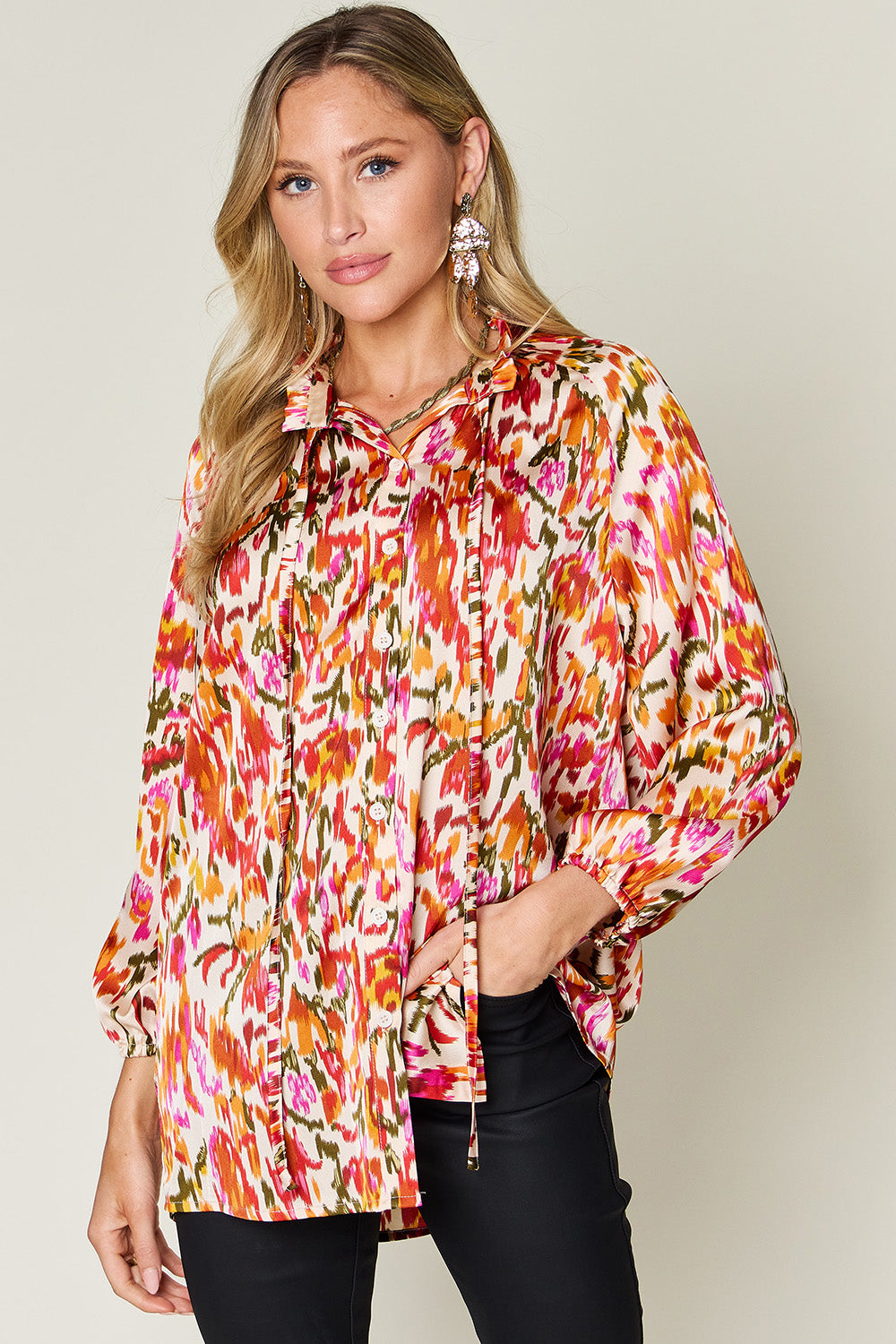 Women Double Take Full Size Printed Button Up Long Sleeve Shirt NicholesGifts