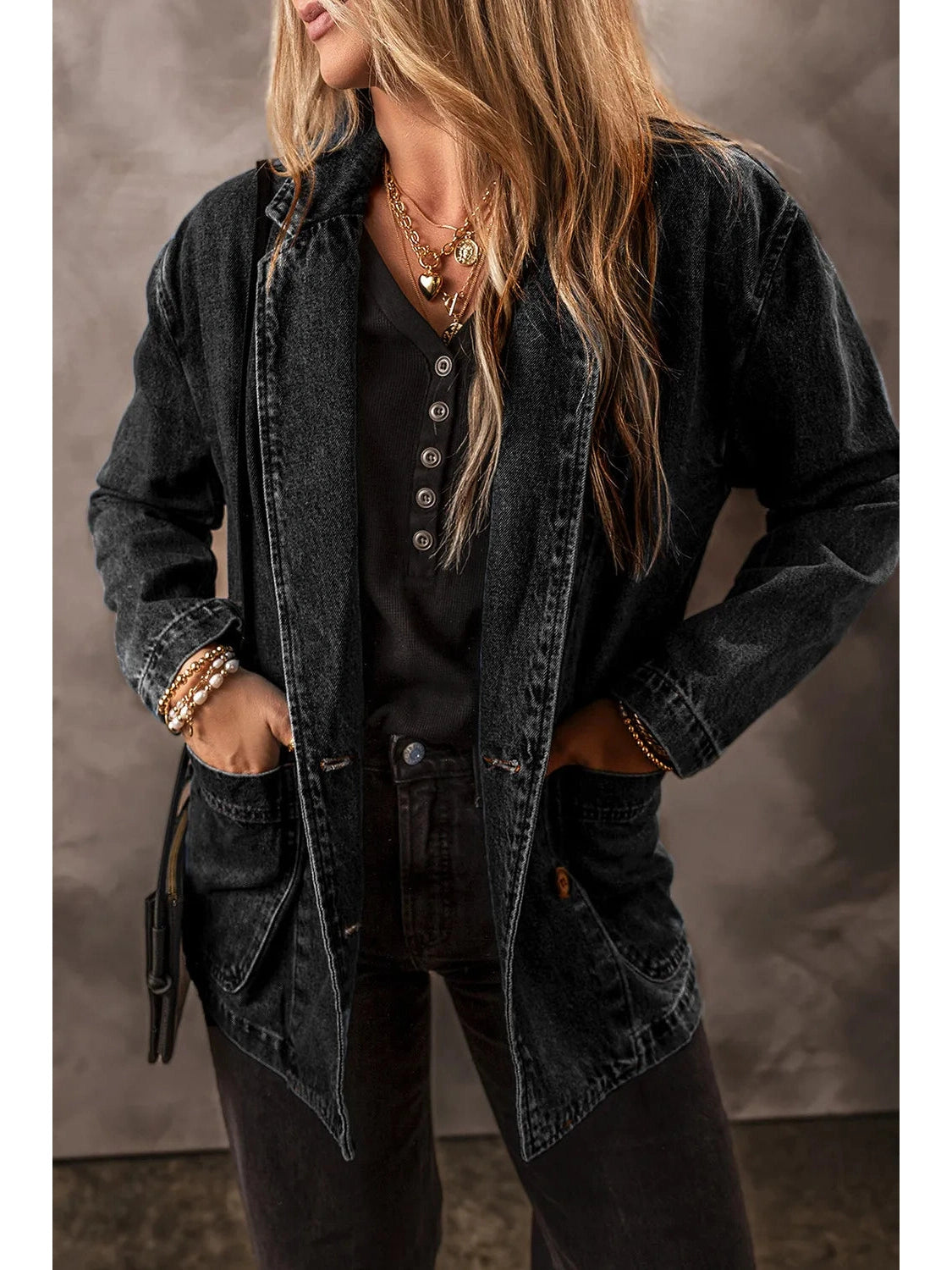 Pocketed Long Sleeve Denim Jacket NicholesGifts