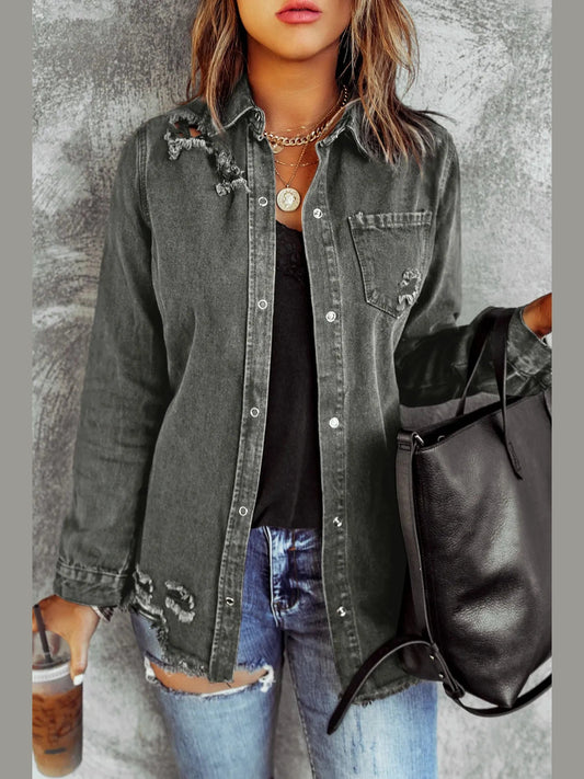 Distressed Raw Hem Snap Down Denim Jacket nicholesgifts