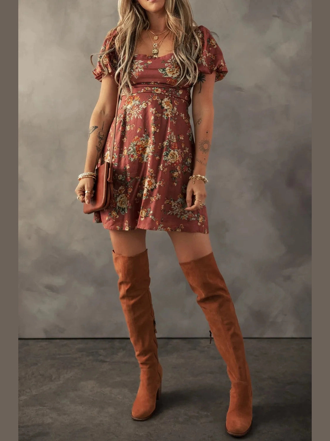 Floral Puff Sleeve Square Neck Knot Open Back Mini Dress NicholesGifts