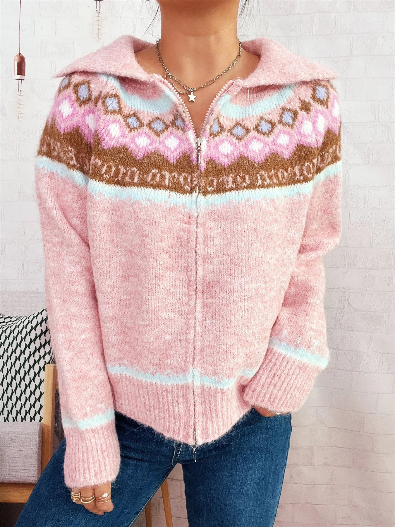 Fair Isle Pattern Zip-Up Cardigan