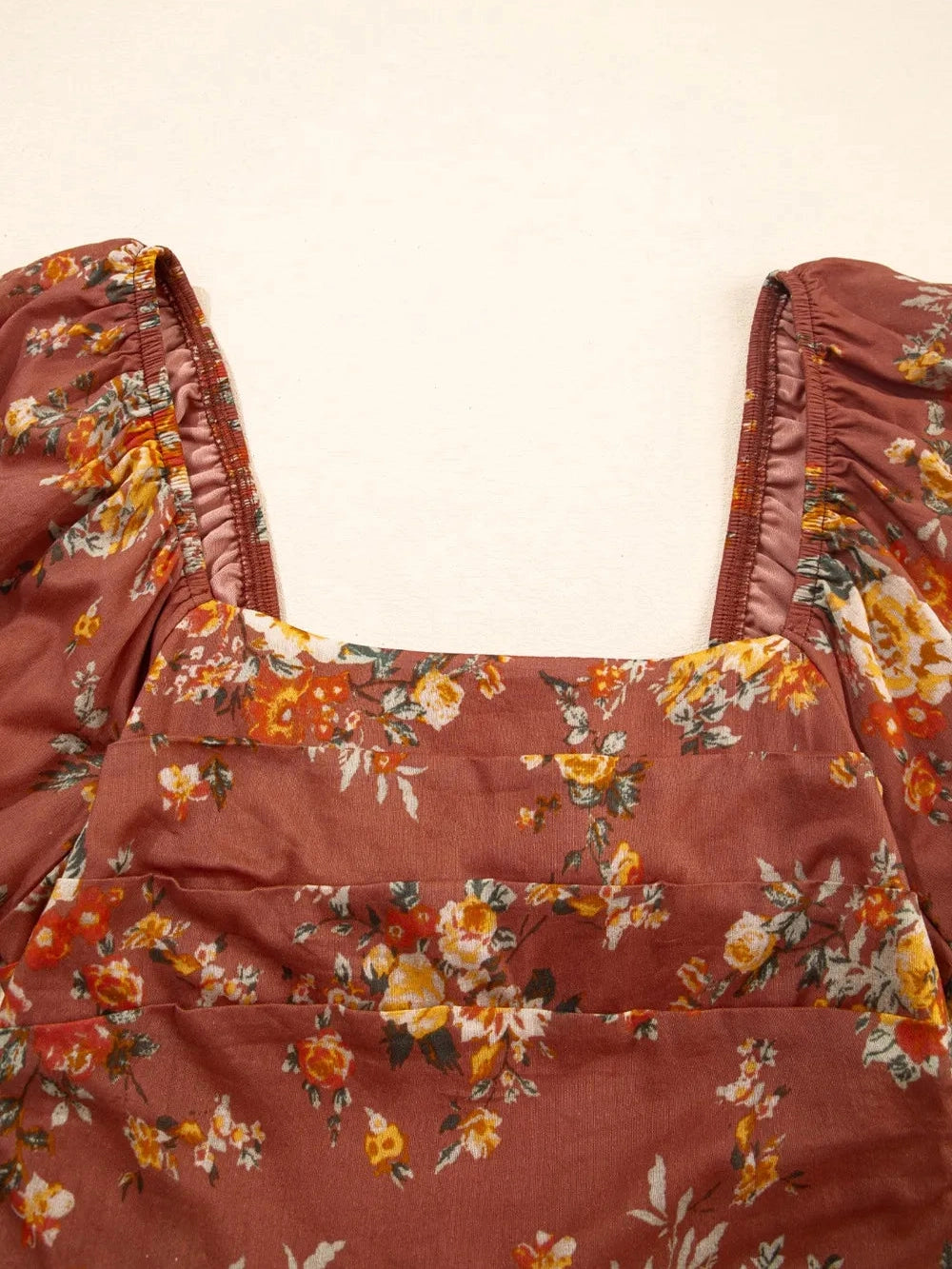 Floral Puff Sleeve Square Neck Knot Open Back Mini Dress NicholesGifts