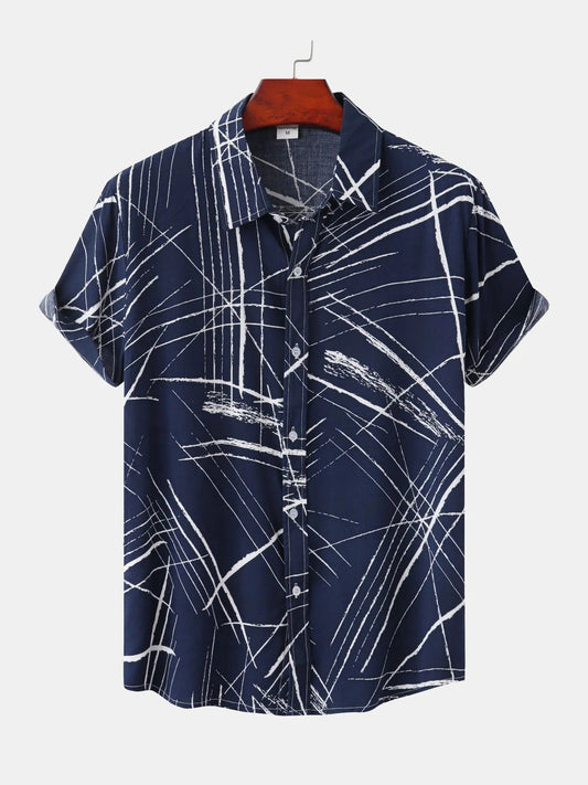 Men's Plus Size Abstract Lines Print Short Sleeve Button-Up Shirt Trendsi