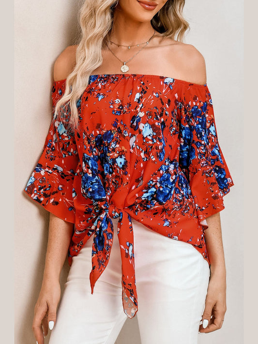 Tied Printed Off-Shoulder Half Sleeve Blouse
