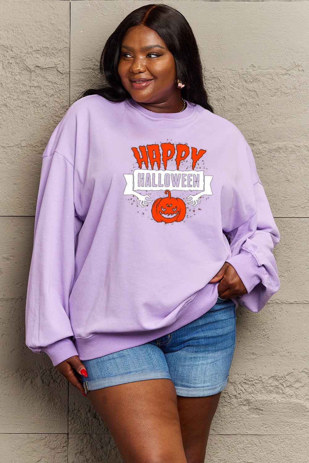 Women Simply Love Full Size Happy HAlloween Graphic Sweatshirt NicholesGifts