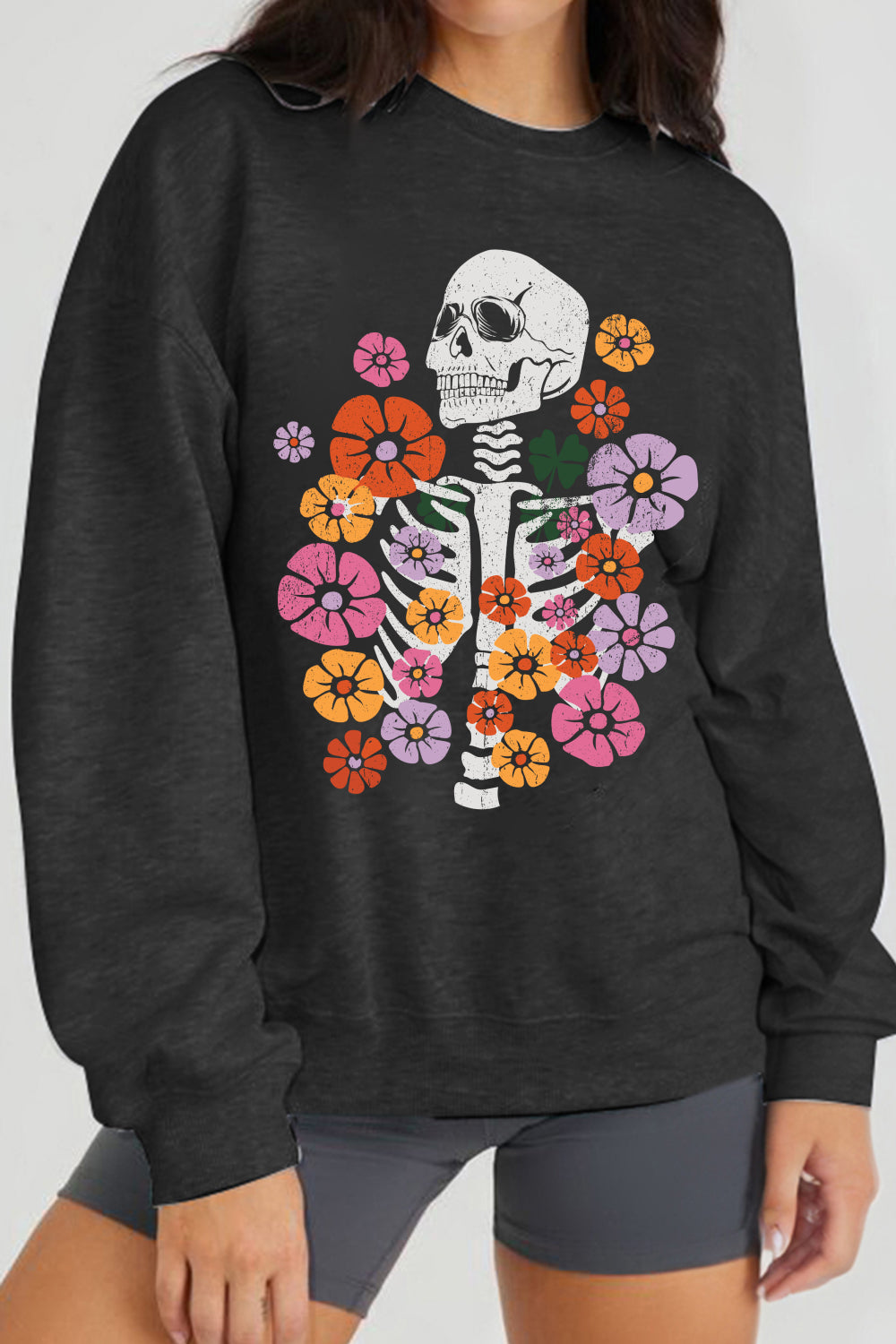Women Simply Love Full Size Flower Skeleton Graphic Sweatshirt NicholesGifts