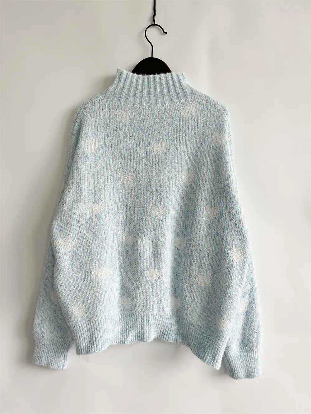 Heart Heathered Turtleneck Drop Shoulder Sweater Trendsi