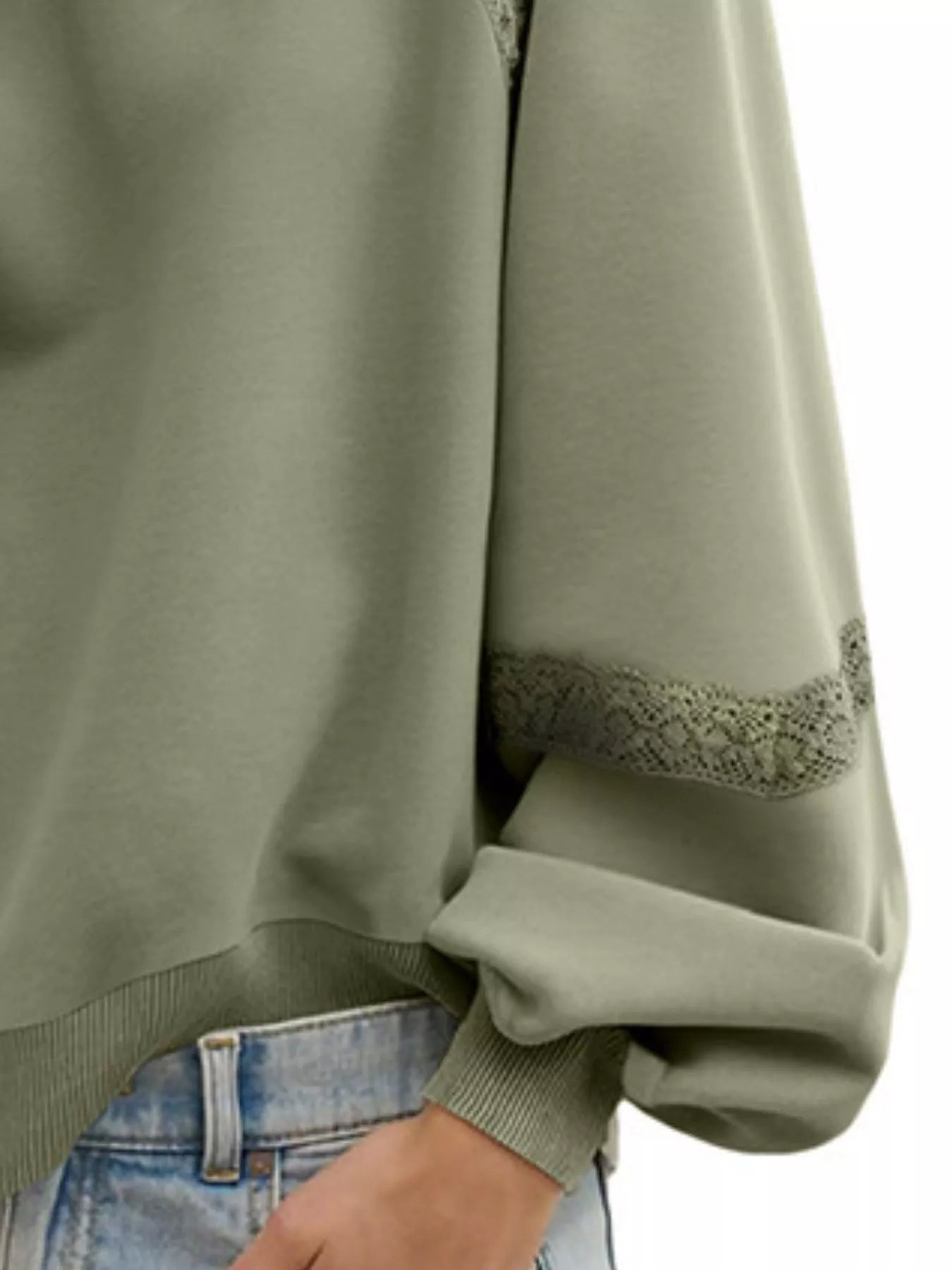 Lace Detail Notched Long Sleeve Sweatshirt Trendsi