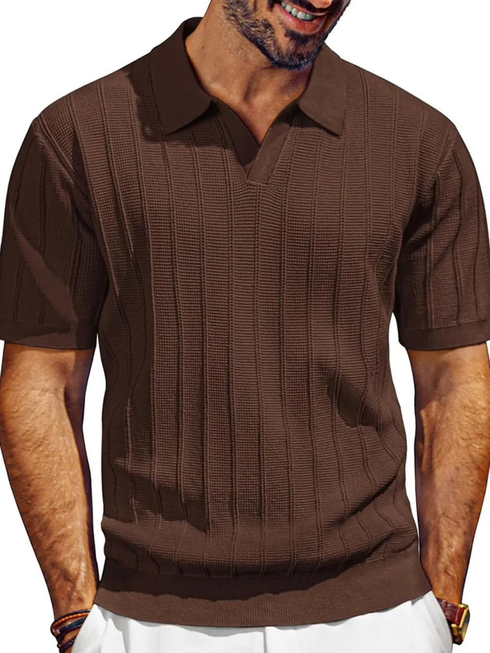 Men's Full Size Textured Collared Neck Short Sleeve Polo Plus Size Trendsi