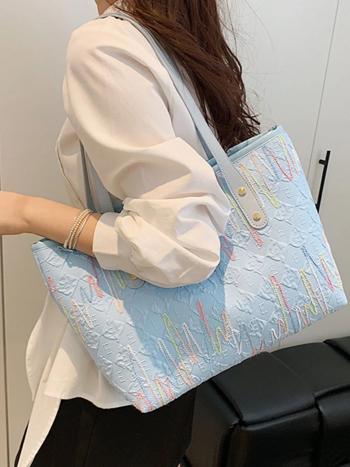 Contrast PU Leather Tote Bag Trendsi