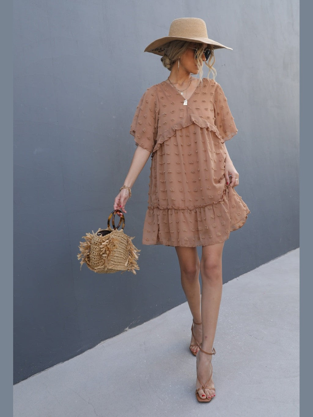 Women Camel Color Swiss Dot V-Neck Flutter Sleeve Mini Dress