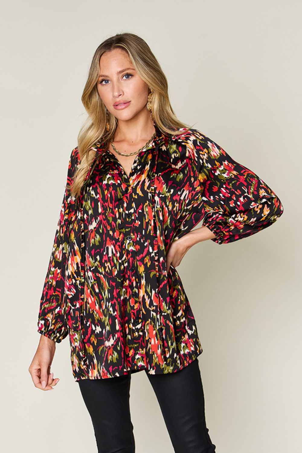 Women Double Take Full Size Printed Button Up Long Sleeve Shirt NicholesGifts