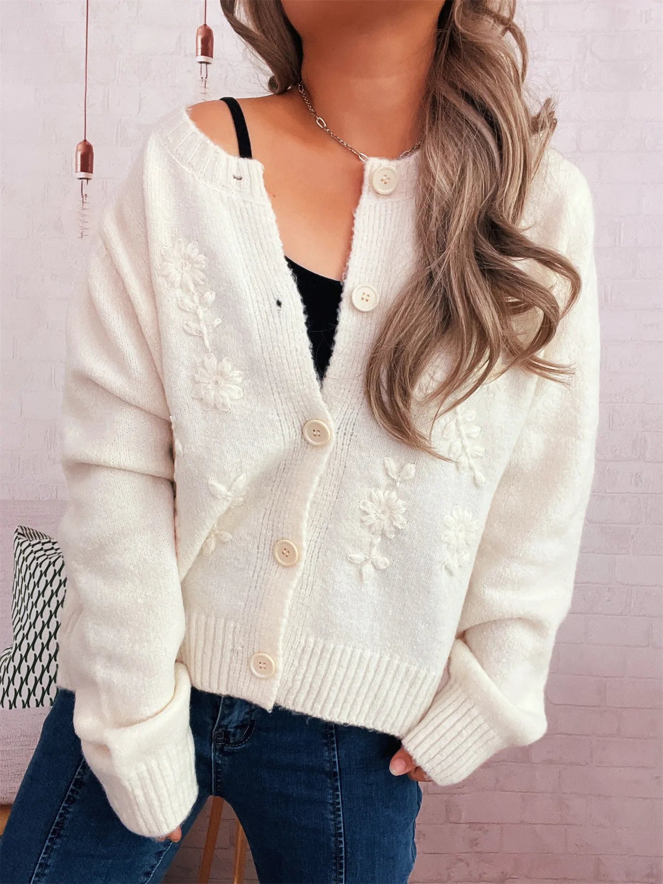 Flower Button Up Ribbed Hem Cardigan