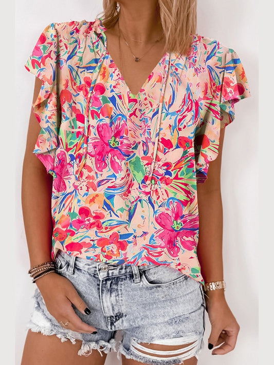 Women Ruffled Printed Tie Neck Cap Sleeve Blouse
