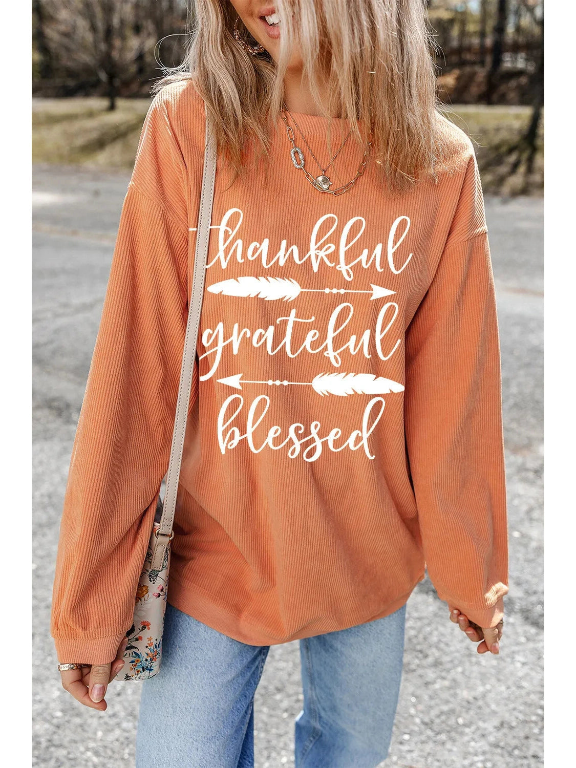Women Letter Graphic Thankful Grateful Blessed Round Neck Long Sleeve Sweatshirt NicholesGifts