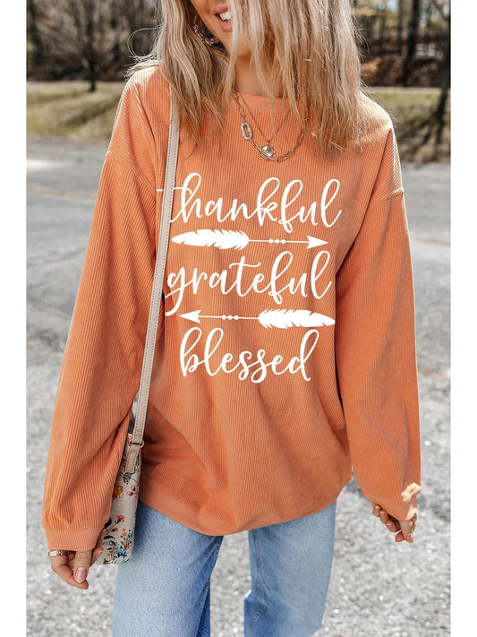 Women Letter Graphic Thankful Grateful Blessed Round Neck Long Sleeve Sweatshirt