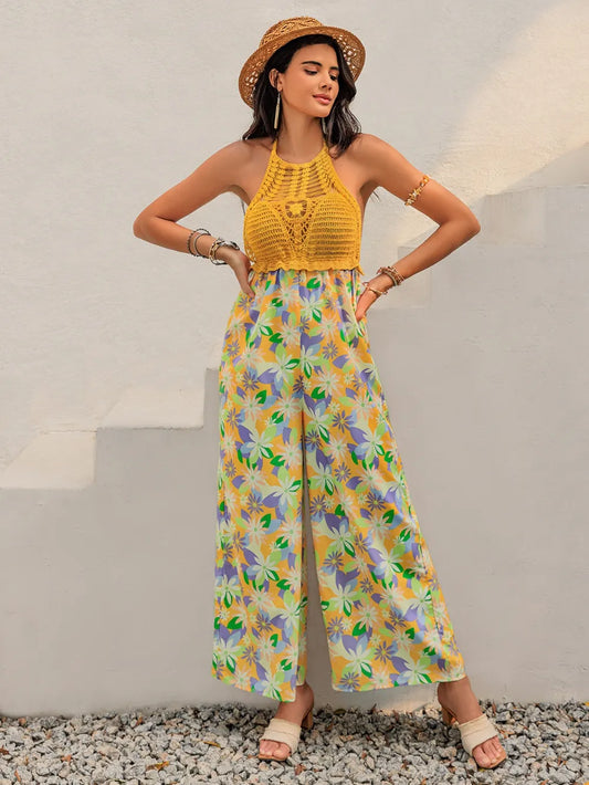 Openwork Halter Neck Floral Wide Leg Jumpsuit nicholesgifts
