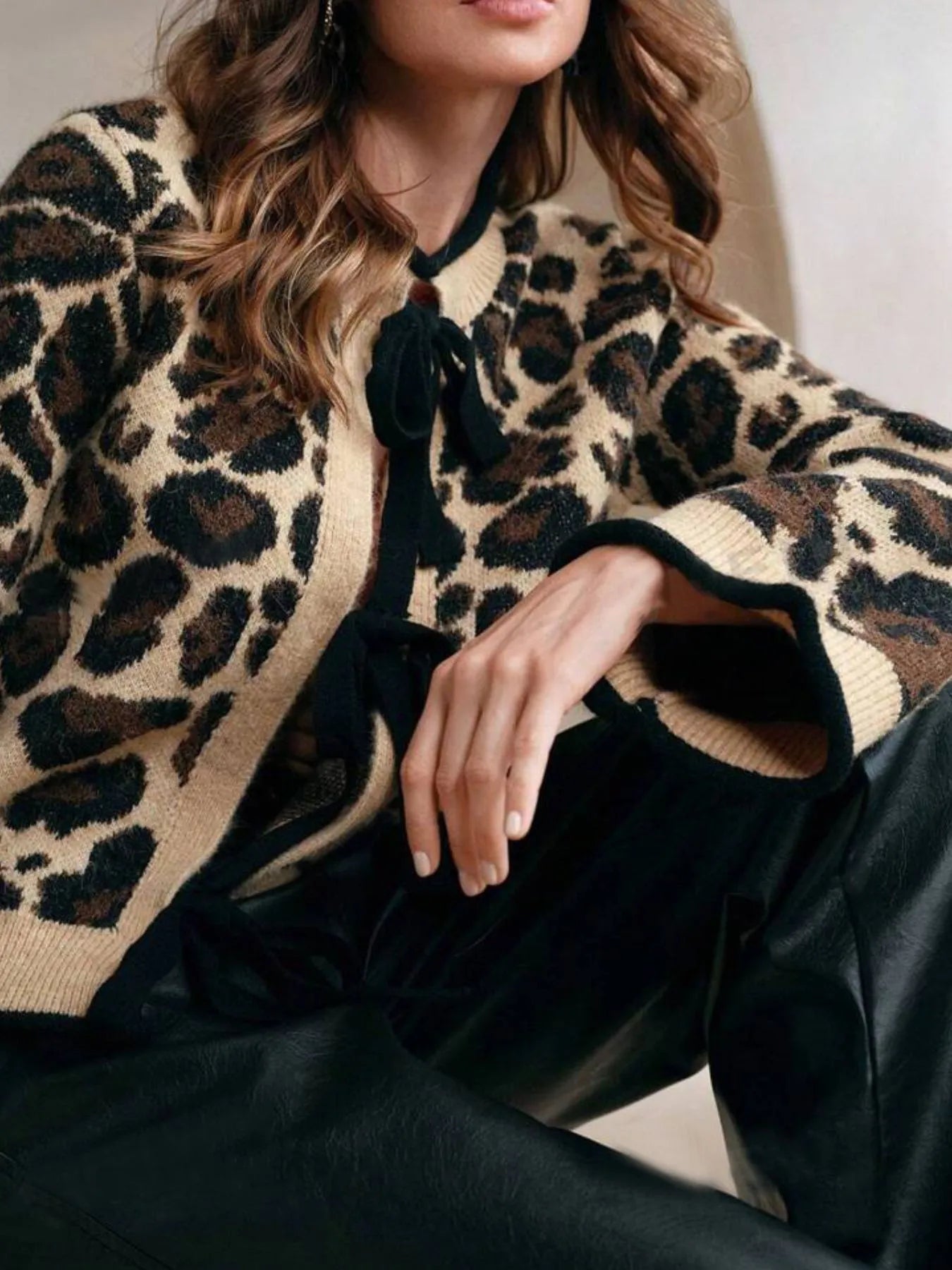 Leopard Print Bow-Tie Front Cropped Cardigan