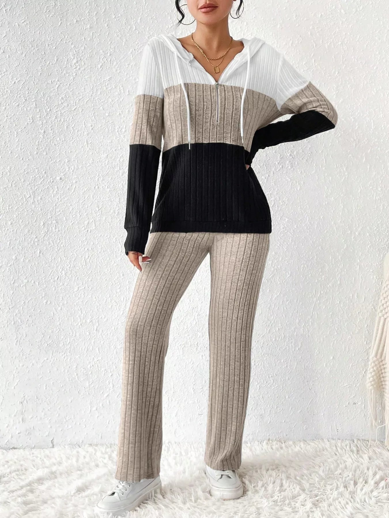 Women Color Block Half Zip Hooded Top and Pants Set NicholesGifts