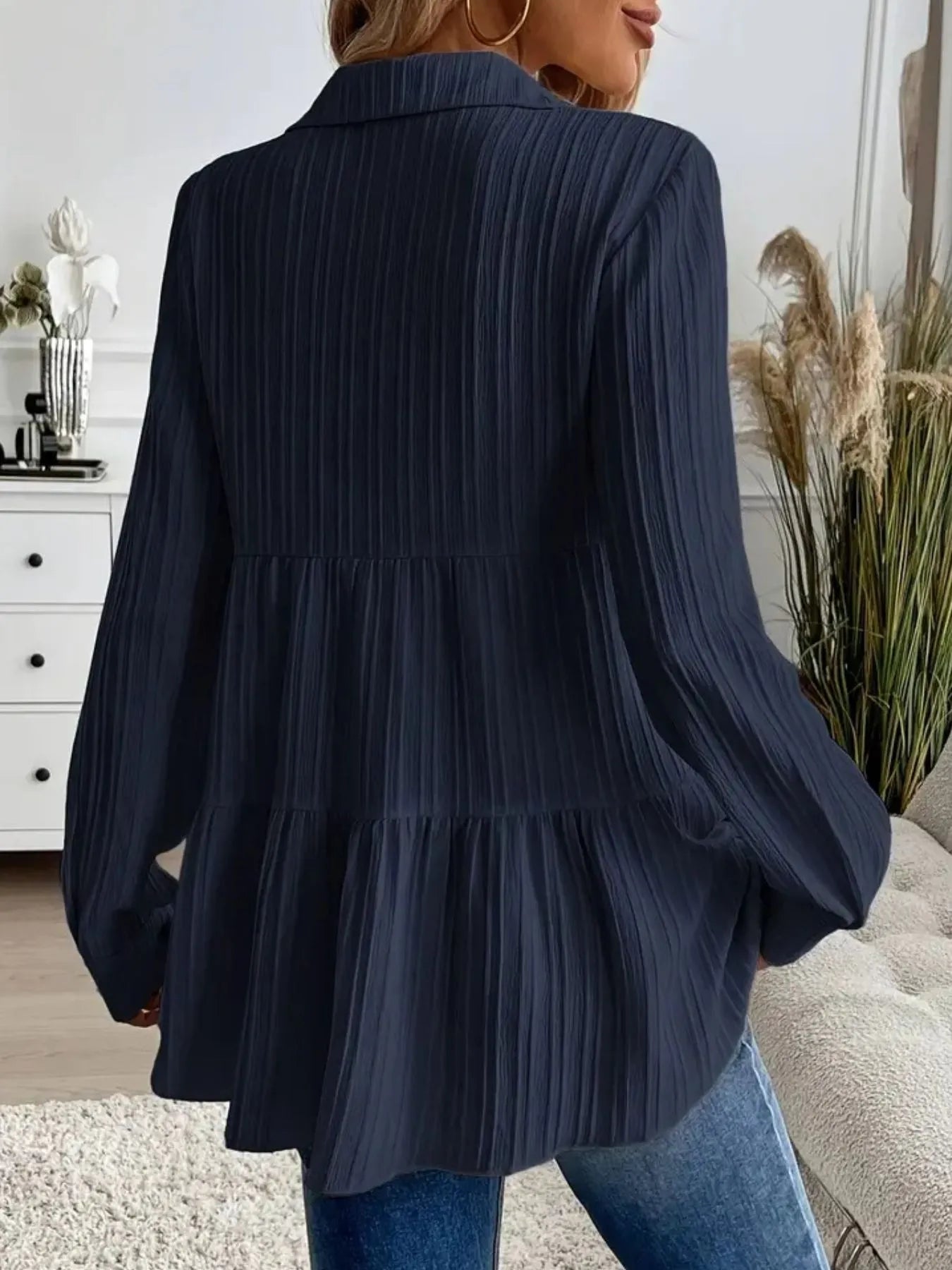 Women Striped Button-Down Tiered Shirt