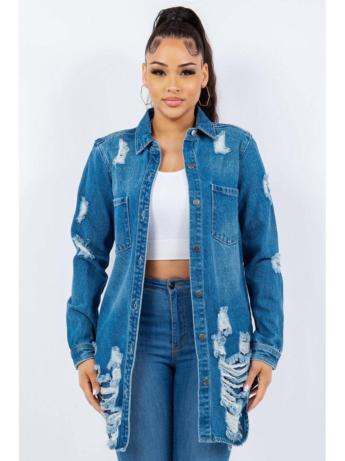Women American Bazi Distressed Button Up Long Sleeve Denim Jacket NicholesGifts