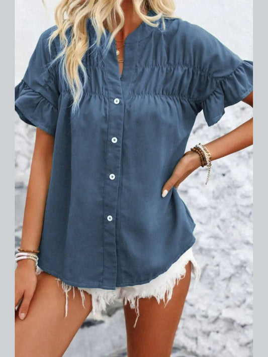 Ruffled Ruched Short Sleeve Button Down Shirt
