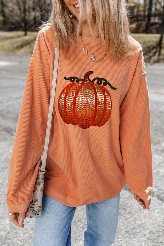 Sequin Pumpkin Round Neck Long Sleeve Sweatshirt NicholesGifts