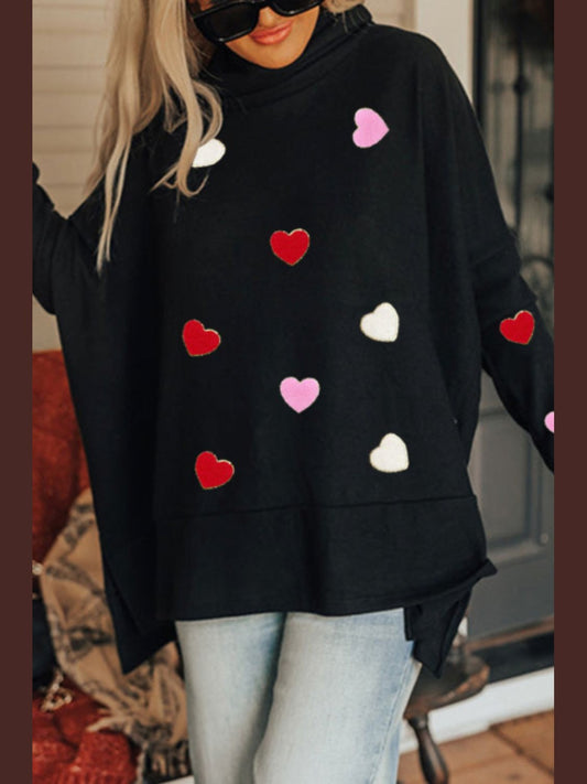 Women Valentine’s Day Heart Patched Turtleneck Long Sleeve Top nicholesgifts