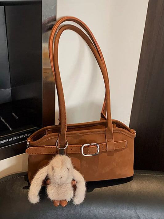 Vintage Buckle Decor Shoulder Bag with Plush Charm nicholesgifts
