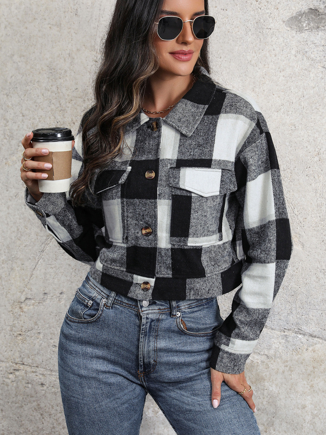Perfee Plaid Button Up Drop Shoulder Cropped Jacket NicholesGifts