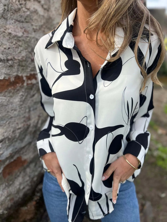 Full Size Abstract Print Long Sleeve Button-Up Shirt Plus Size NicholesGifts